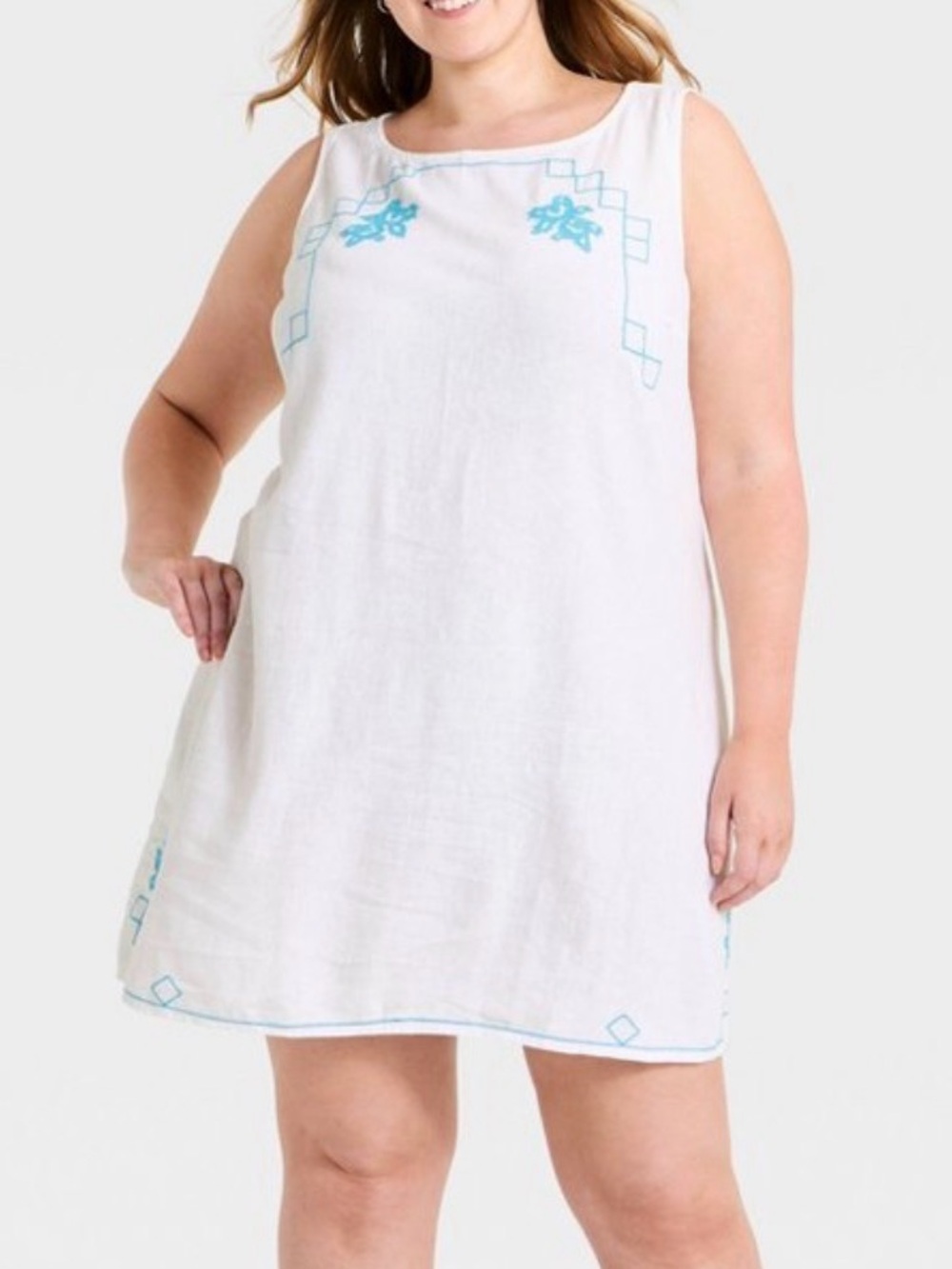 Universal Thread Mini Sun Dress Sheath Linen White Blue Embroidery Size 3X NWT